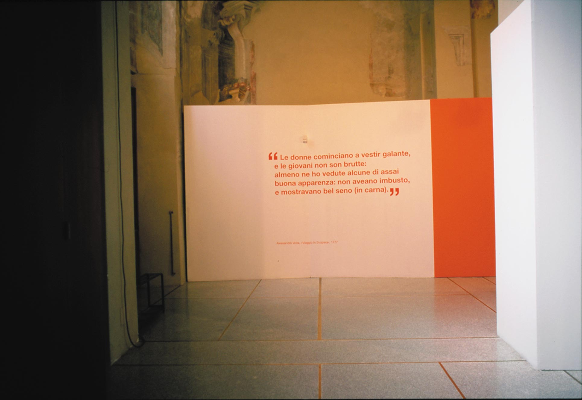 Exhibition view, San Pietro in Atrio Como, installation with wall painting and sentences from Alessandro Volta's diary 